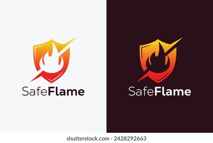 Minimalist Fire Flame and shield vector logo. Modern colorful Fire Flame and shield vector logo. Safe fire, Crest and ingle logo