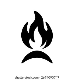 Minimalistisches Feuersymbol mit einer fetten Flamme über einer gekrümmten Basis, das Wärme, Energie, Lagerfeuer oder Brennen in einem einfachen schwarzen Silhouettendesign symbolisiert.