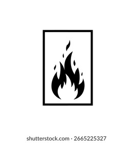 Minimalistisches Feuersymbol im Rahmen, Vektorflammensymbol für ein einfaches Logo-Design, einzelne schwarz-weiße Illustration eines Lagerfeuers.