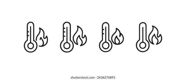 Minimalist fire and thermometer icon set indicating temperature levels.
