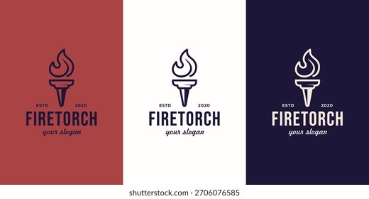 Logotipo de tocha de fogo minimalista com uma chama de arte de linha limpa e forma de tocha clássica. Perfeito para segurança, liderança, educação, inspiração, fitness, identidade de marca e logotipos corporativos premium.
