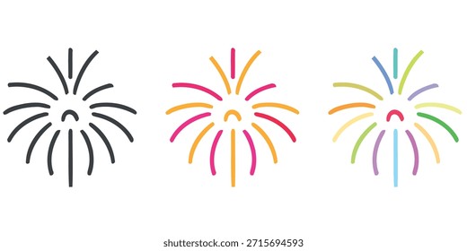 Iconos de fuegos artificiales minimalistas en varios estilos que representan la celebración y la alegría