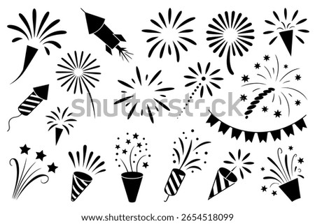 Minimalist firework and party popper icon set, black and white celebration elements, festive vector, holiday design