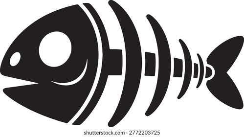 Minimalist fish bone skeleton vector graphic. Black silhouette of dead fish remains isolated on transparent background. Clean graphic design for nautical and seafood themes. Sharp edges icon art.