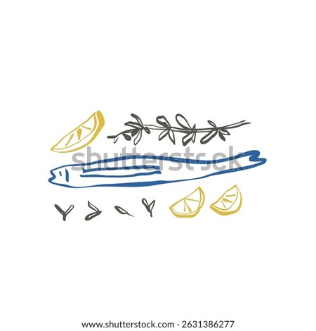 Minimalist fish with lemon slices and thyme in blue yellow and olive line art hand drawn in natural organic whimsical style
