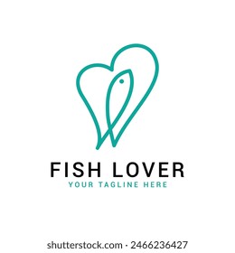 Minimalist Fish Lover with heart and fish combination Lines art concept. Abstract vector illustration.