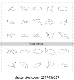 Minimalist fish outlines simple line drawings, sea creature silhouettes, shark shapes, dolphin profiles, aquatic animal illustrations, black and white fish designs, marine biology sketches,