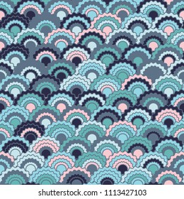 Minimalist fish scales squama background, vector seamless fabric pattern, tiled textile print. Typical chinese squama scales seamless arc tiles ornament. Iguana skin pattern.