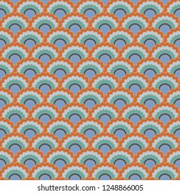 Minimalist fish scales squama background, vector seamless fabric pattern, tiled textile print. Traditional chinese squama scales seamless arc tiles graphics. Reptile skin pattern.