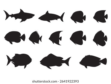 Minimalist Fish Silhouettes Collection on White Background.