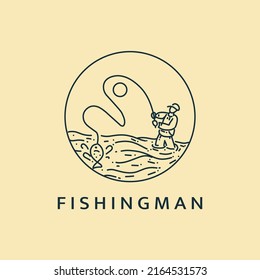 Minimalist fishing man logo line art illustration template design with circle