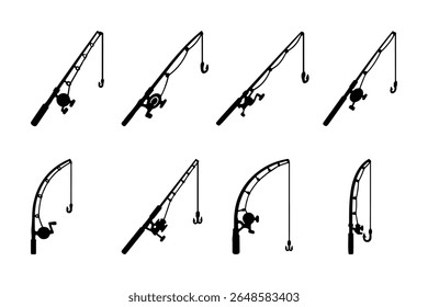 Ícones minimalistas da vara de pesca na silhueta perfeita para hobby e conceitos de natureza