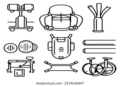 Minimalist Fitness Equipment Icon Set – Line Art Illustrations for Gym, Workout, and Exercise Designs.