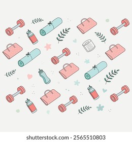 Minimalist Fitness Pattern with Gym Bag, Dumbbell, Water Bottle, and Yoga Mat