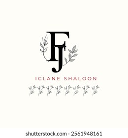 Minimalist FJ Monogram with Botanical Illustration.Elegan Initial JF Logo with Floral Element.  Wedding logos, hand drawn elegant, delicate and minimalist,black and white vintage logo for beauty shop.