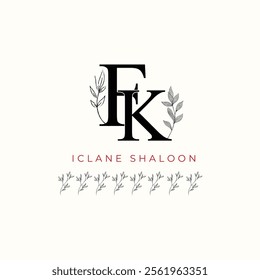 Minimalist FK Monogram with Botanical Illustration.Elegan Initial KF Logo with Floral Element.  Wedding logos, hand drawn elegant, delicate and minimalist,black and white vintage logo for beauty shop.