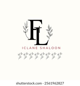 Minimalist FL Monogram with Botanical Illustration.Elegan Initial LF Logo with Floral Element.  Wedding logos, hand drawn elegant, delicate and minimalist,black and white vintage logo for beauty shop.