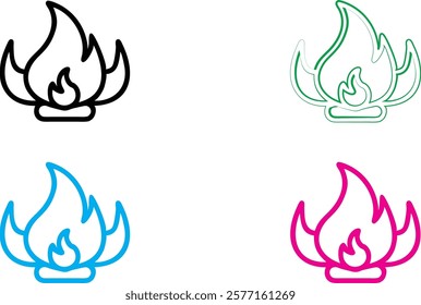 Minimalist flame icons, colorful outline drawings, simple fire symbols, black white blue green pink variations, clean vector graphics, modern logo design, elemental icons, stylized flames, single-line