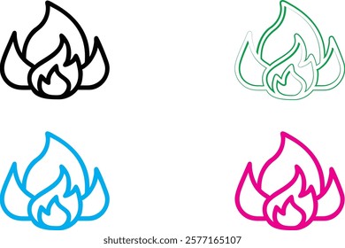 Minimalist flame icons, colorful outline drawings, simple fire logos, vector graphics, black white blue green pink variations, line art, clean design, modern illustration style, abstract flame symbols