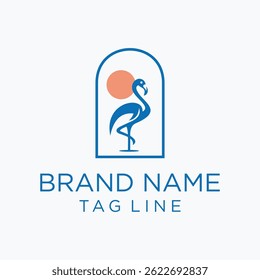 Minimalist flamingo logo inside a rounded window frame with a sunset background. Perfect for travel, tropical, beach, or nature-related brands.