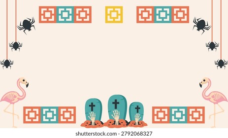 Minimalist Flamingo Skeleton Copy Space Frame Vector. Cute Retro Pastel Flamingo and Tombstone Border for Holiday Decor.