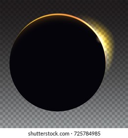Minimalist with a flare to the right Solar eclipse - full sun eclipse. Blurred light rays on black backdrop. Glow light effect. Isolated on transparent background.