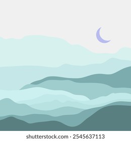 A minimalist flat 2D geometric illustration of a wild desert under a clear sky featuring a moon, with green and violet colors.