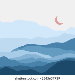 A minimalist flat 2D geometric illustration of a wild desert under a clear sky featuring a moon, with blue and peach colors.