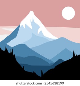 Una ilustración geométrica plana 2D minimalista de un pico de montaña por la noche, con colinas tranquilas y un cielo nocturno con una luna brillante en colores azul y rosa.