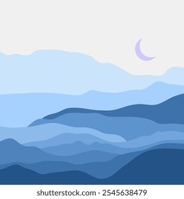 A minimalist flat 2D geometric illustration of a wild desert under a clear sky featuring a moon, with blue and violet colors.