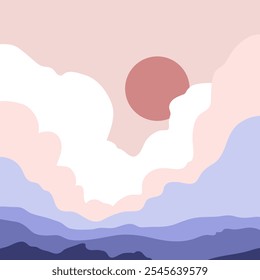 Una ilustración geométrica plana minimalista en 2D de un amanecer con grandes nubes esponjosas, colinas y un cielo matutino con colores violeta y rosa.