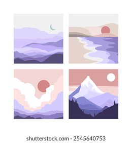 A minimalist flat 2D geometric illustration of a mountain peak at night, a sunrise near the seaside, a desert in the evening, and a cloudy sky above peaceful hills featuring a bright moon or sun