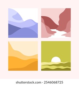 Uma ilustração geométrica plana 2D minimalista de um campo sereno, ondas do mar da noite, um deserto selvagem e colinas de montanhas com cores pastel.