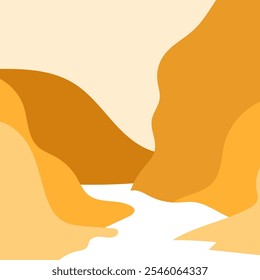 A minimalist flat 2D geometric landscape illustration of a wild desert under a clear sky with yellow colors.