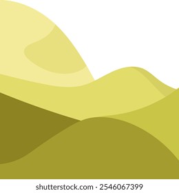 Uma ilustração de paisagem geométrica plana 2D minimalista de colinas de montanha sob um céu claro com cores verdes.