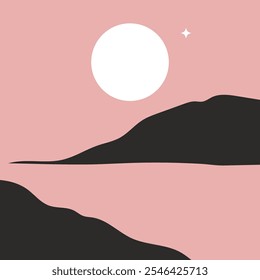 Una ilustración minimalista en 2D representa una luna Grande y brillante a lo largo del horizonte, onda o montañas por la noche, rodeada de estrellas y un toque de magia.