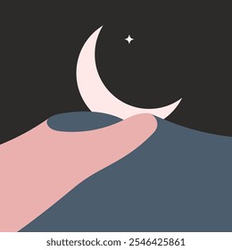 Una ilustración 2D plana minimalista representa una luna Grande y brillante a lo largo del horizonte o las montañas por la noche, rodeada de estrellas y un toque de magia.