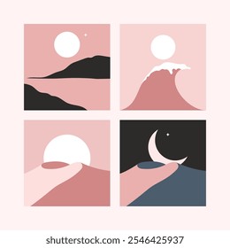 Una ilustración 2D plana minimalista representa una luna Grande y brillante a lo largo del horizonte o las montañas por la noche, rodeada de estrellas y un toque de magia.