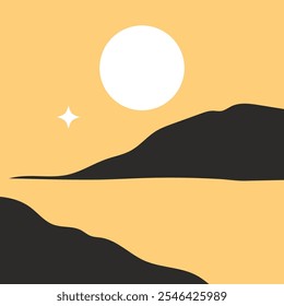 Una ilustración 2D plana minimalista representa una luna Grande y brillante a lo largo del horizonte o las montañas por la noche, rodeada de estrellas y un toque de magia.

