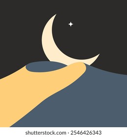 Una ilustración 2D plana minimalista representa una luna Grande y brillante a lo largo del horizonte o las montañas por la noche, rodeada de estrellas y un toque de magia.