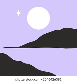 Una ilustración 2D plana minimalista representa una luna Grande y brillante a lo largo del horizonte o las montañas por la noche, rodeada de estrellas y un toque de magia.