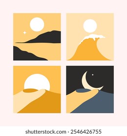 Una ilustración 2D plana minimalista representa una luna Grande y brillante a lo largo del horizonte o las montañas por la noche, rodeada de estrellas y un toque de magia.