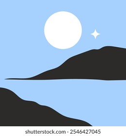 Una ilustración 2D plana minimalista representa una luna Grande y brillante a lo largo del horizonte o las montañas por la noche, rodeada de estrellas y un toque de magia.