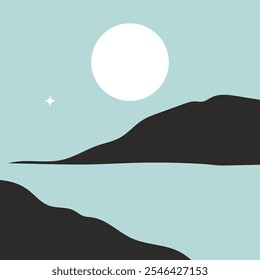 Una ilustración 2D plana minimalista representa una luna Grande y brillante a lo largo del horizonte o las montañas por la noche, rodeada de estrellas y un toque de magia.
