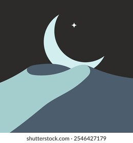 Una ilustración 2D plana minimalista representa una luna Grande y brillante a lo largo del horizonte o las montañas por la noche, rodeada de estrellas y un toque de magia.
