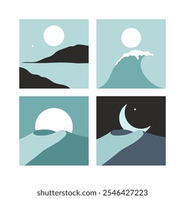 Una ilustración 2D plana minimalista representa una luna Grande y brillante a lo largo del horizonte o las montañas por la noche, rodeada de estrellas y un toque de magia.
