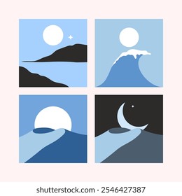 Una ilustración 2D plana minimalista representa una luna Grande y brillante a lo largo del horizonte o las montañas por la noche, rodeada de estrellas y un toque de magia.