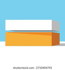 Ilustración 3D plana minimalista de bloques geométricos blancos y naranjas sobre un fondo azul y blanco. Aislado sobre fondo blanco.