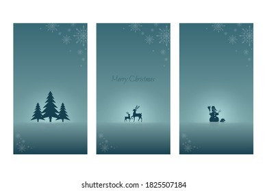 Minimalist Flat Background of Christmas Tree, Deer, and Snowman with Gradient Color for Cover, Banner, and other. Vector Illustration.