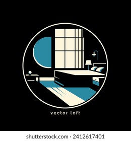 Minimalist Flat Bedroom Interior in Moonlight on Black Background. Vector Illustration